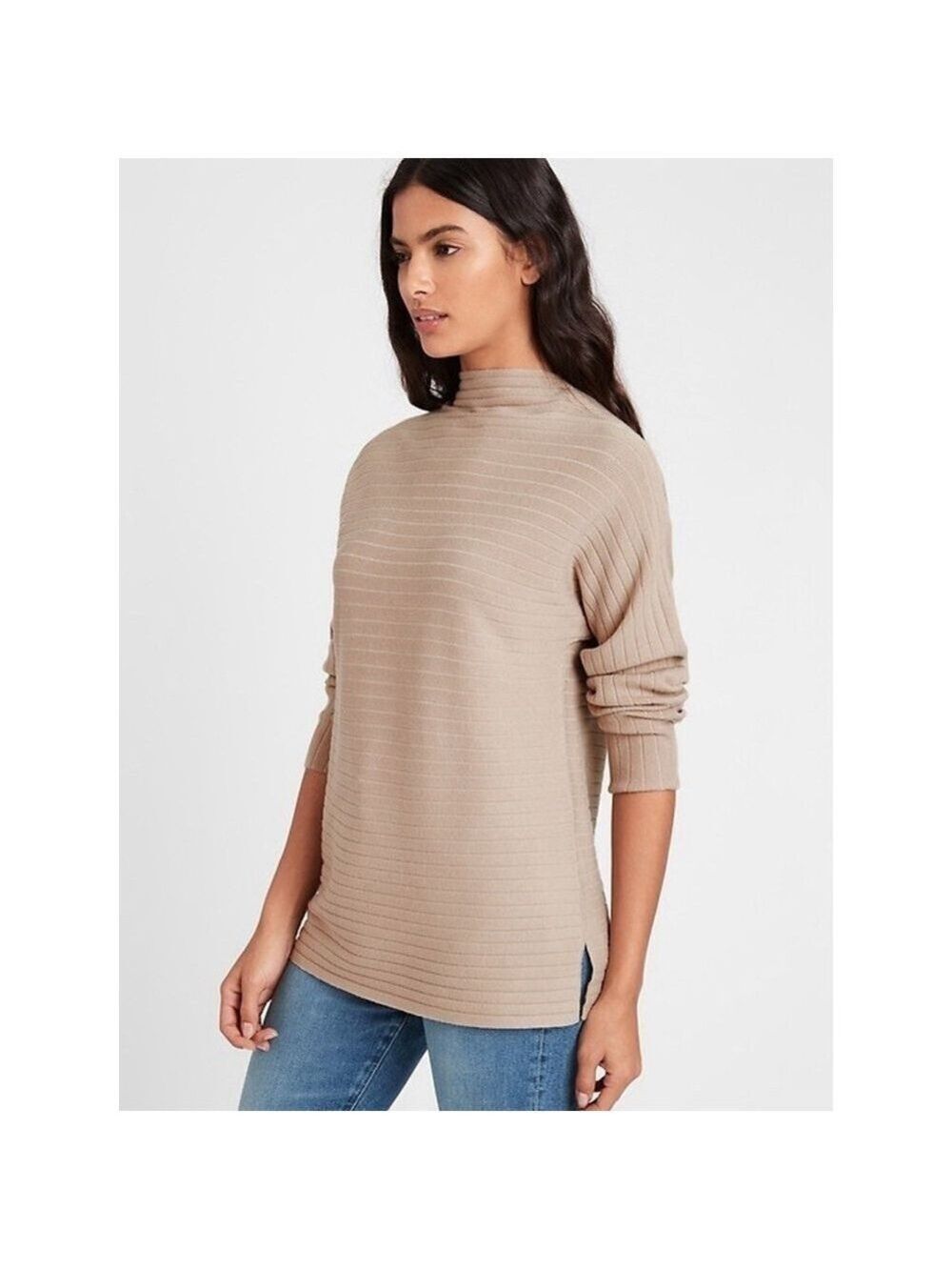 Banana Republic Ribbed Funnel-Neck Sweater Heather Oatmeal NWT Medium